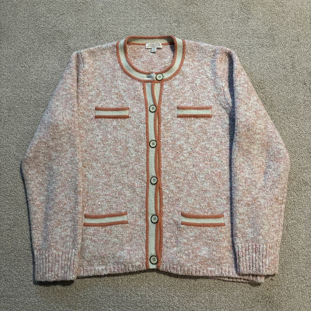 J. Crew Factory Pink Heathered Cardigan with Tan Trim